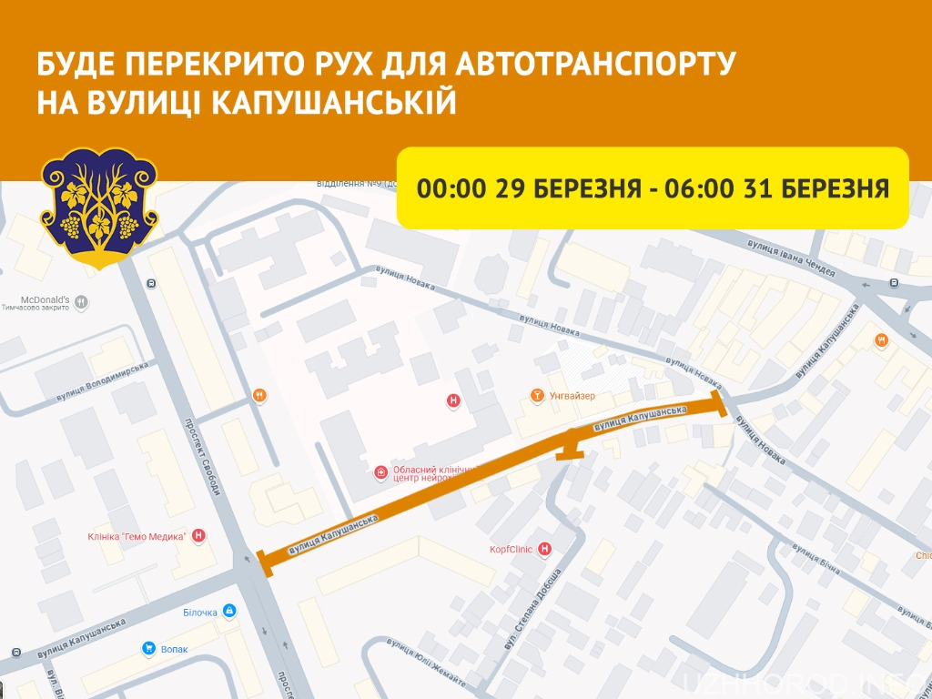 На вихідних перекриють вулицю Капушанську в Ужгороді