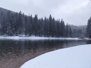 Озеро Синевир засипало снігом посеред квітня
